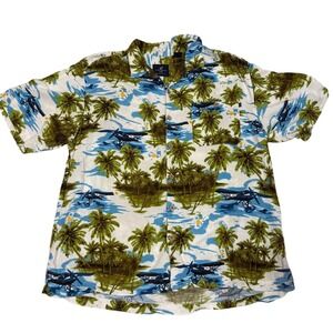 Caribbean Joe Island Print Button Shirt XL Palm Tree Hawaiian Aloha Camp Resort
